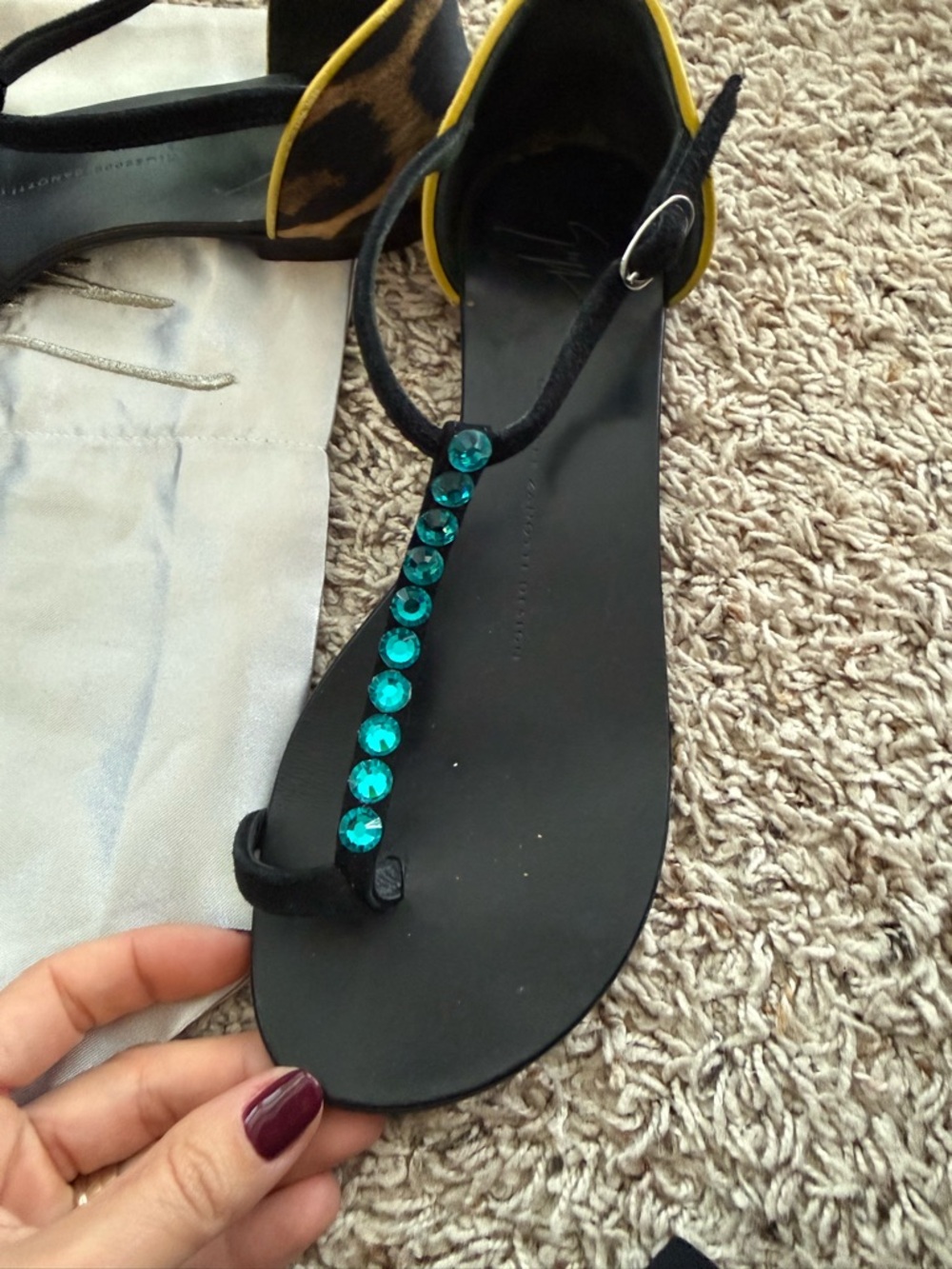 Giuseppe Zanotti Black Sandals with Teal Gem Accents - Picture 3 of 4